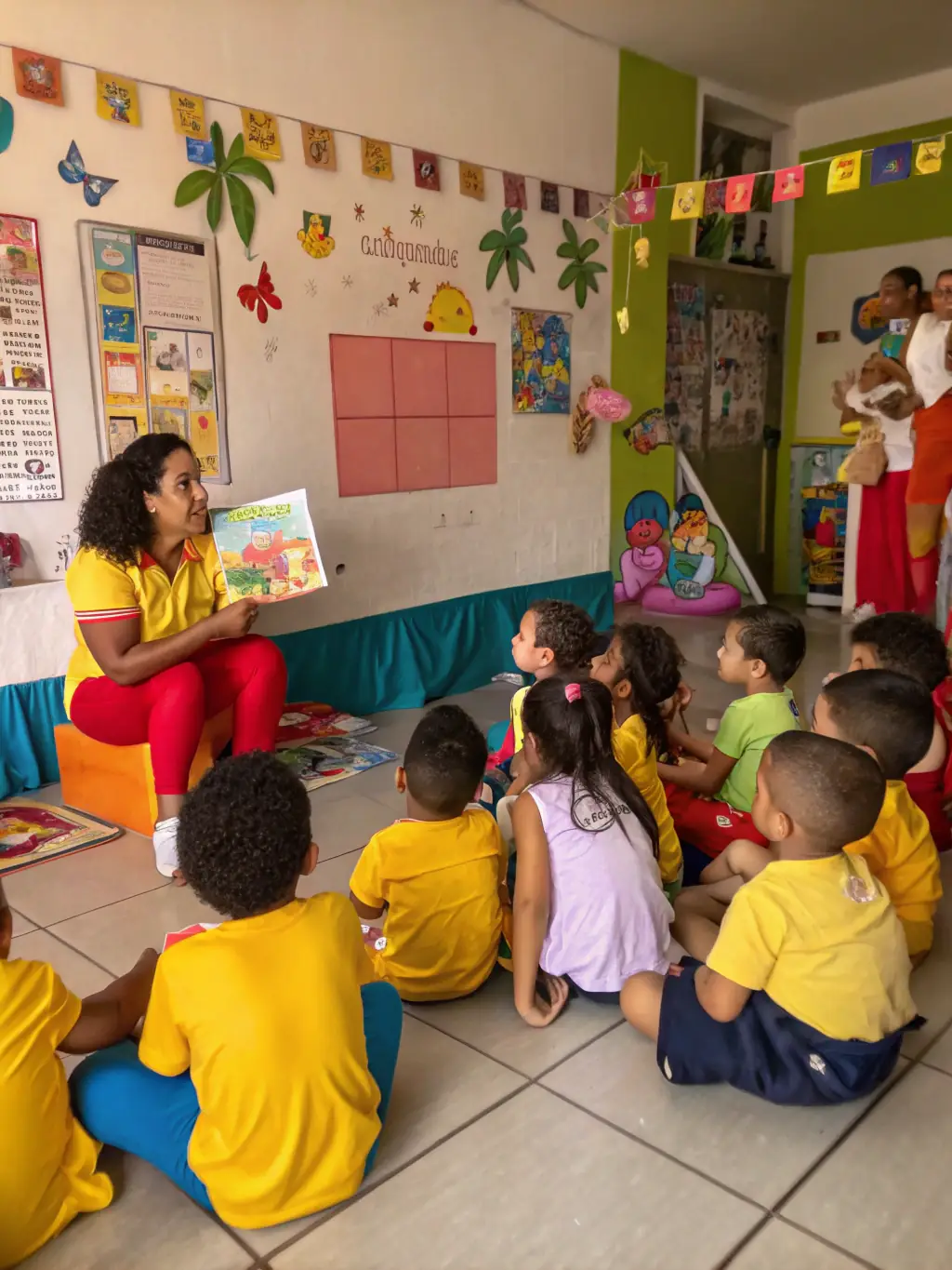 A classroom scene with children listening attentively to a storyteller, accompanied by visual aids and cultural artifacts. The children are engaged and learning about their cultural roots.