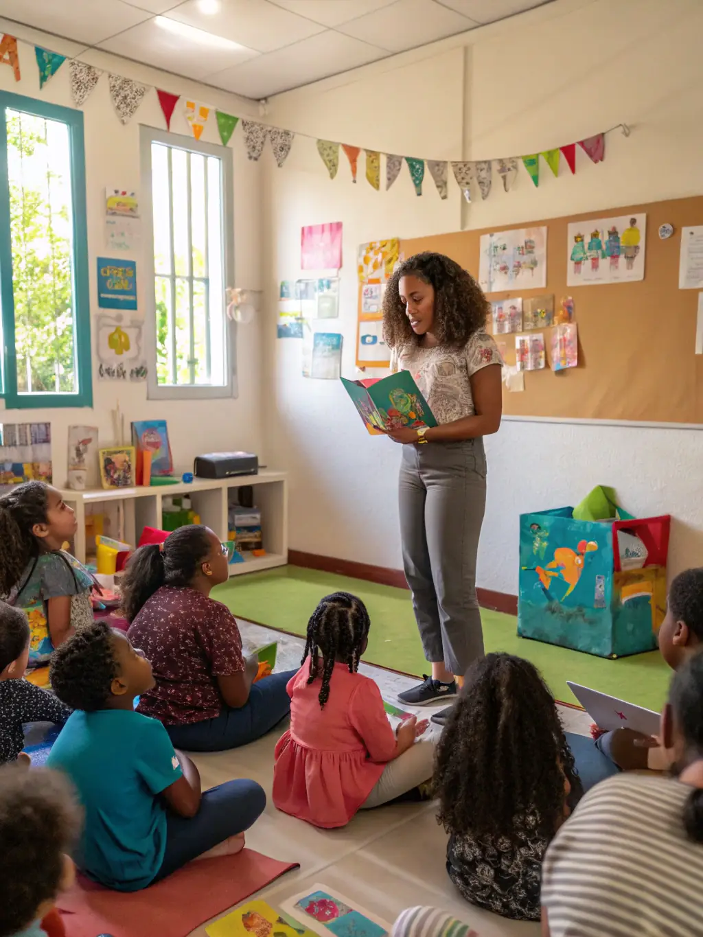 A vibrant image of children and adults gathered in a circle, actively participating in a storytelling workshop, with expressive gestures and attentive faces. The setting is a community center, filled with colorful artwork and comfortable seating.