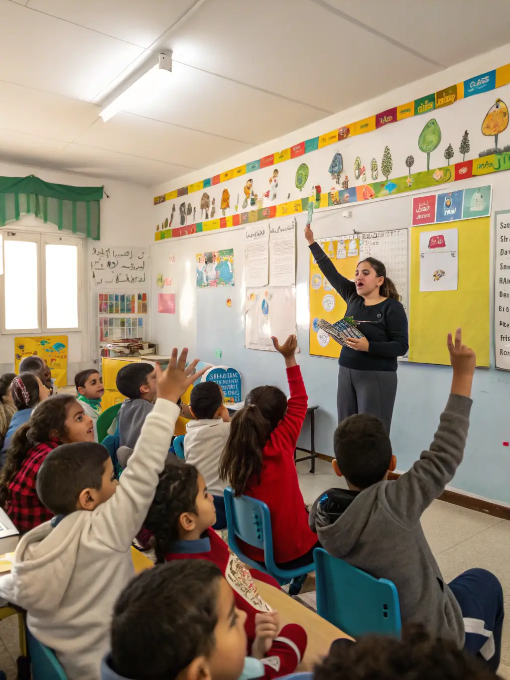 A storyteller interacting with students in a classroom setting, as part of CONTES EN OLERON's educational outreach program. The students are engaged and asking questions, demonstrating their interest in oral heritage.