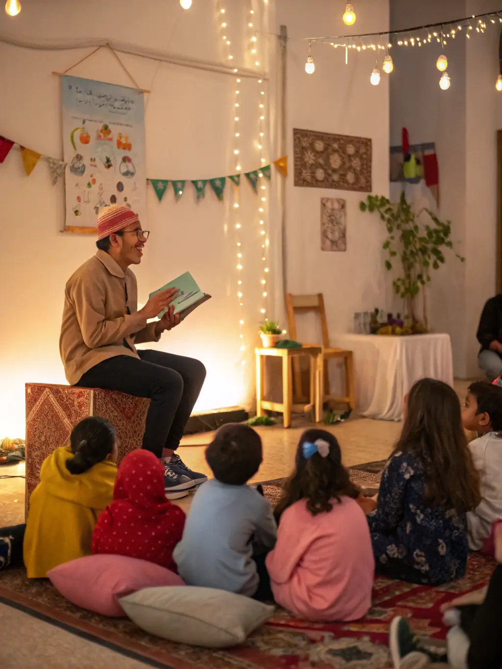 A storyteller interacting with students in a classroom, using puppets and props to bring a story to life as part of CONTES EN OLERON's educational outreach program.