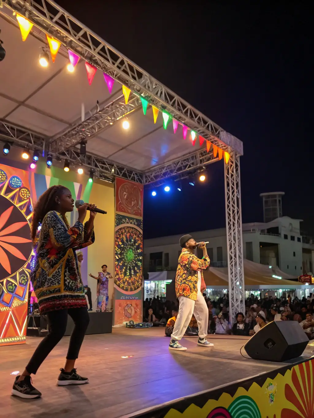 A vibrant scene from a cultural festival organized by CONTES EN OLERON, featuring a storyteller captivating the audience with a traditional tale. Musicians are playing in the background, and the atmosphere is festive.