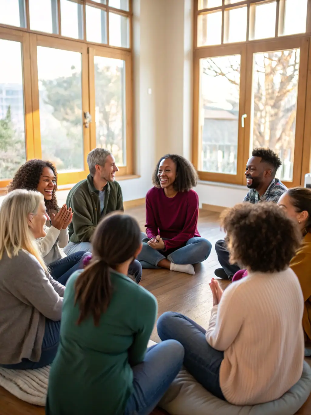 A diverse group of adults participating in a storytelling session, sharing personal stories and experiences as part of CONTES EN OLERON's intergenerational storytelling initiative.
