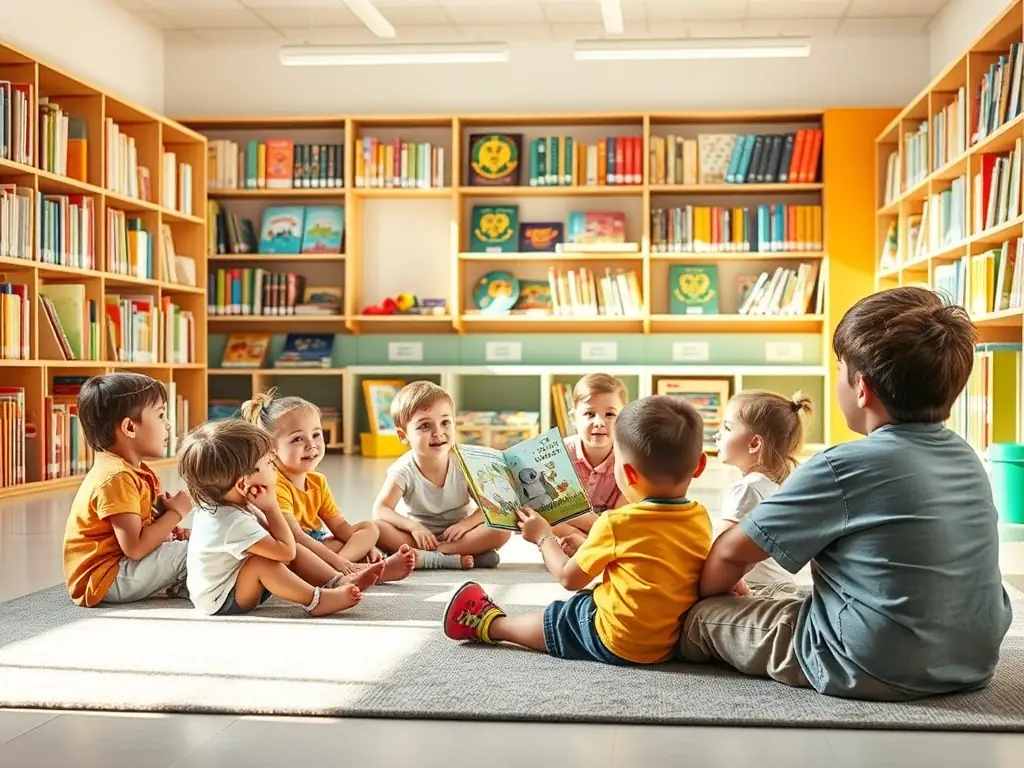A vibrant image depicting children and adults participating in a storytelling workshop, with a professional storyteller engaging the audience with expressive gestures and captivating narratives. The setting is a local community center, decorated with colorful artwork and cultural motifs.