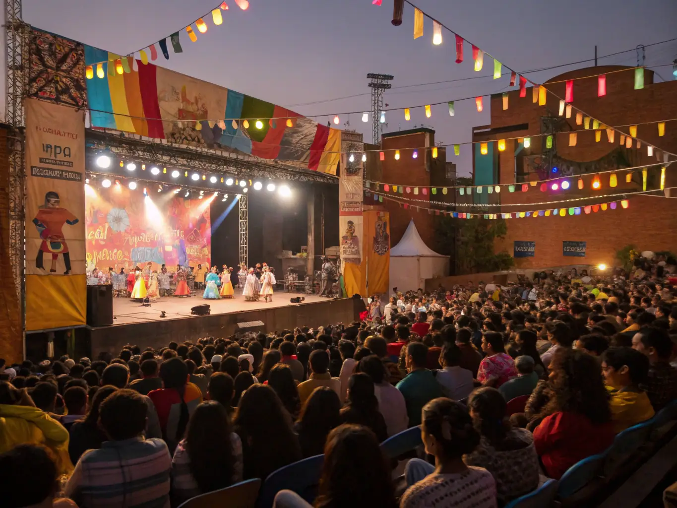 A lively scene from a cultural festival, showcasing local storytellers, musicians, and performers on stage. The audience is diverse and engaged, with families enjoying the performances and celebrating their cultural heritage. The backdrop features traditional decorations and festive lighting.