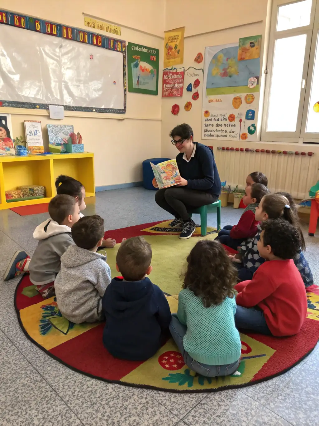 A group of children sitting in a circle, listening attentively to a storyteller during a storytelling workshop organized by CONTES EN OLERON, held in a local community center.