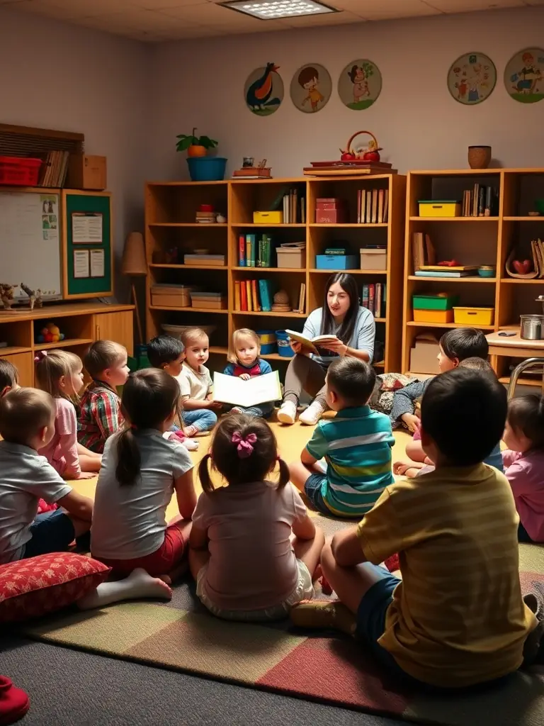 A group of children sitting in a circle, listening attentively to a storyteller during a storytelling workshop organized by CONTES EN OLERON. The scene is warm and inviting, with natural light filtering through the windows.