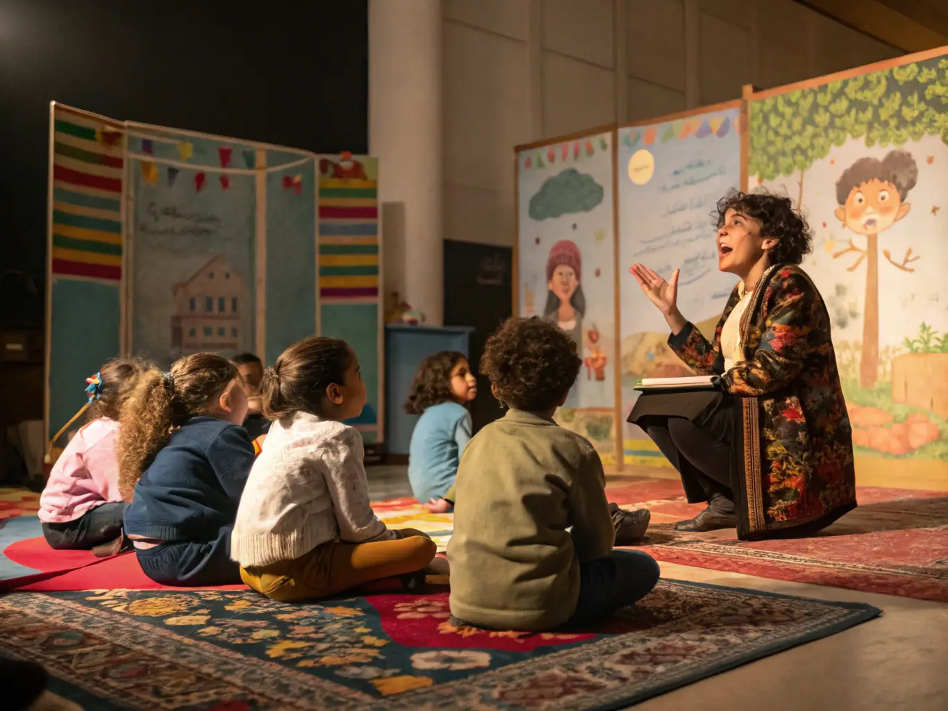 An image of a storyteller interacting with students in a classroom setting, using puppets and props to bring the stories to life. The children are attentive and enthusiastic, participating in interactive activities and learning about their cultural roots. The classroom is bright and welcoming, filled with educational materials.