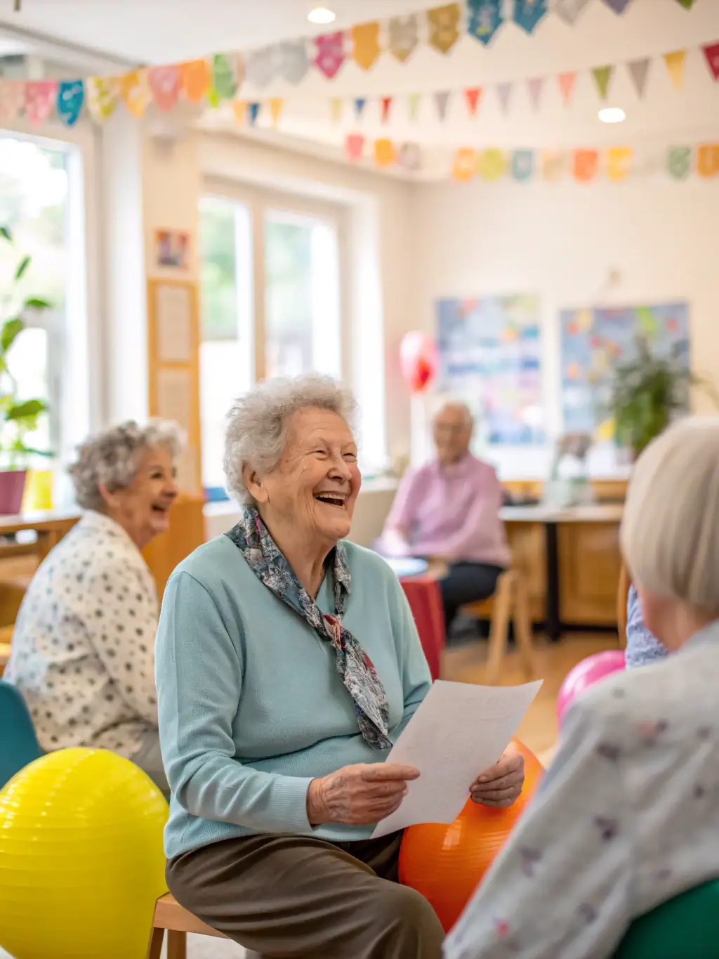 A group of seniors sharing stories and laughter in a cozy setting, with a facilitator guiding the conversation and creating a supportive atmosphere.