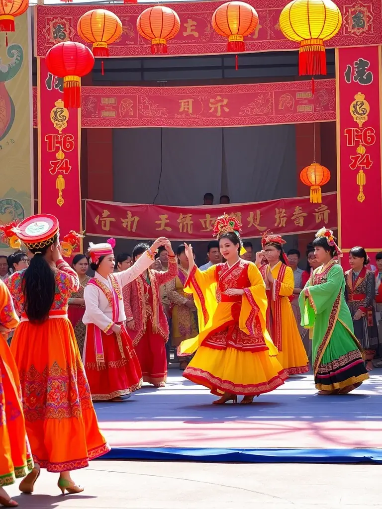 An outdoor stage filled with performers in traditional costumes, audience members engaged and clapping, with colorful decorations and banners. The festival is lively and celebrates local culture.